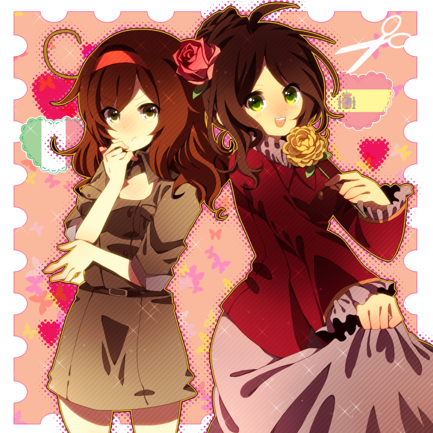 2girls, :/, :3, ahoge, amano_hotaru_(hotaama), axis_powers_hetalia, brown_eyes, brown_hair