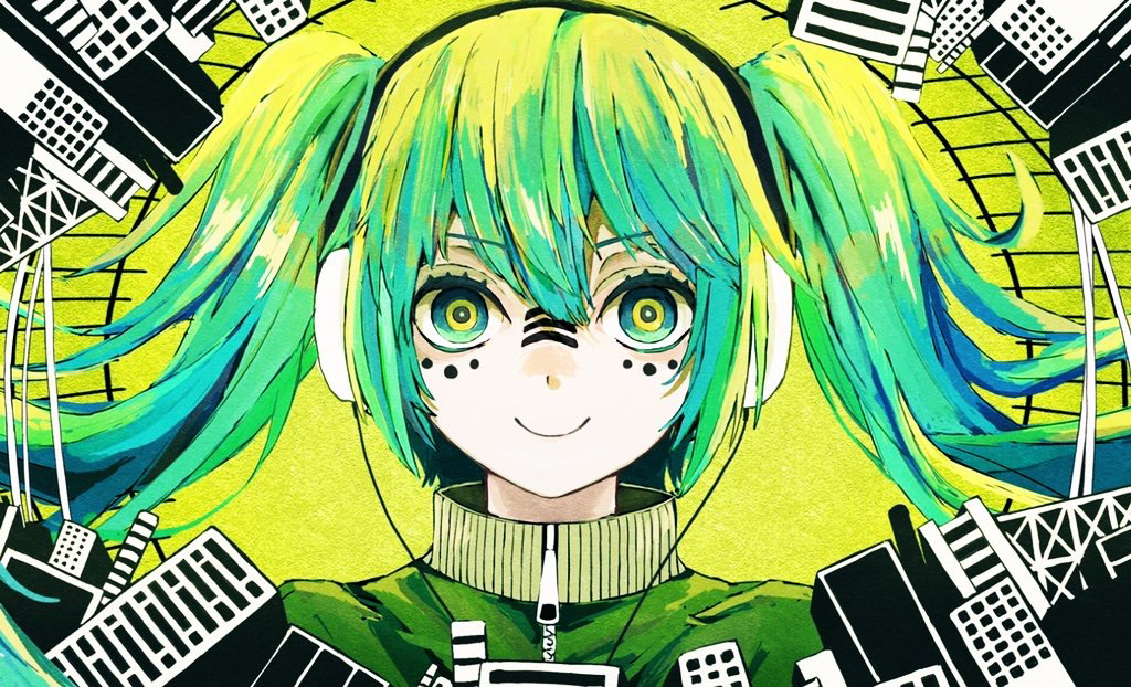 1girl, commentary, facial_mark, green_eyes, green_hair, hatsune_miku, headphones, hidariri, jacket, long_hair, looking_at_viewer, matryoshka_(vocaloid), portrait, ringed_eyes, smile, solo, straight-on, track_jacket, twintails, vocaloid