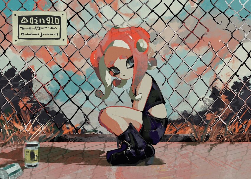1girl, chain-link_fence, fence, grey_eyes, highres, looking_at_viewer, nintendo, octoling_girl