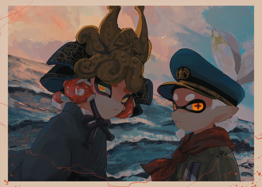 2boys, absurdres, cap'n_cuttlefish, dj_octavio, hat, highres, japanese_clothes, looking_at_viewer