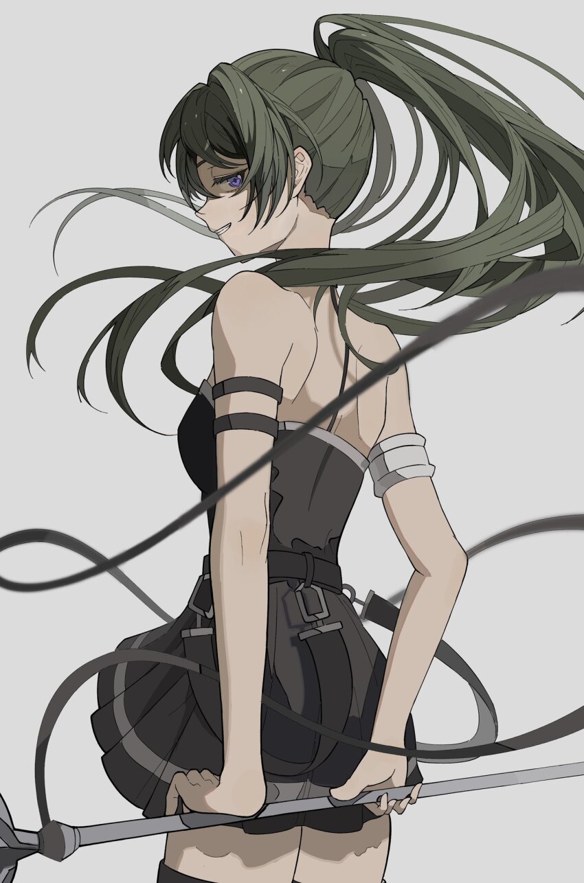 1girl, bare_shoulders, belt, black_belt, black_dress, black_skirt, blush, bow, dress, false_smile, green_hair, grey_background, hair_between_eyes, highres, long_hair, looking_at_viewer, mage_staff, open_mouth, purple_eyes, shoulder_blades, side_ponytail, simple_background, skirt, smile, solo, sousou_no_frieren, staff, thighhighs, ubel_(sousou_no_frieren), wira