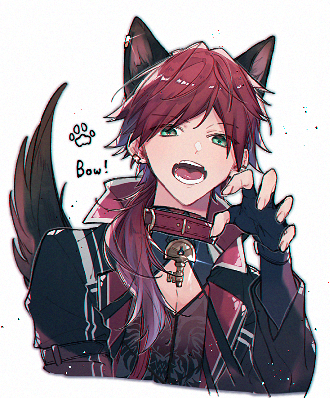 1boy, animal_ear_fluff, animal_ear_piercing, animal_ears, black_coat, black_gloves, black_shirt, claw_pose