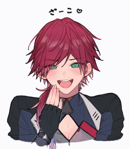 1boy, :d, black_gloves, black_shirt, blush, cleavage_cutout, clothing_cutout, cropped_shoulders