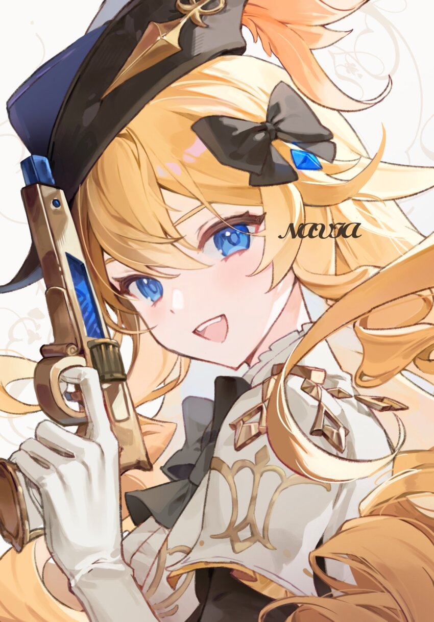 1girl, alternate_costume, black_bow, black_bowtie, black_hat, blonde_hair, blue_eyes, blue_gem