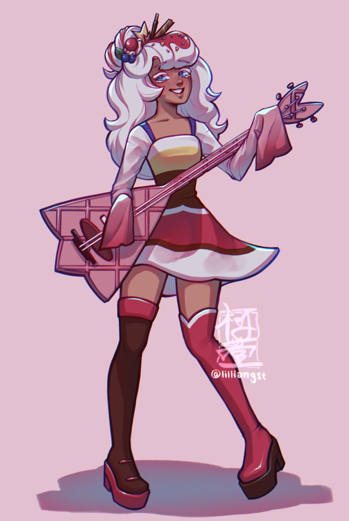 1girl, blue_eyes, cookie_run, cookie_run:_kingdom, dress, food, food-themed_hair_ornament, frilled_dress