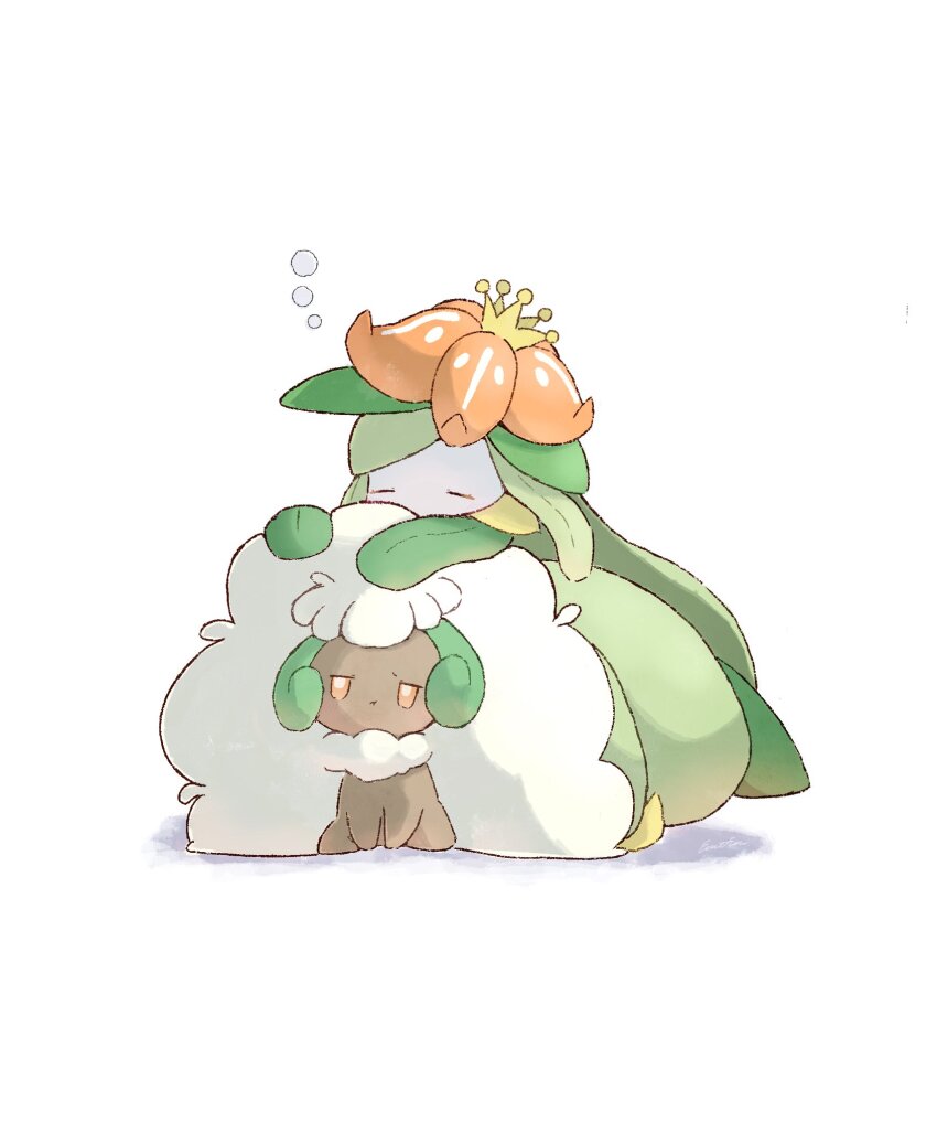 closed_eyes, closed_mouth, colored_skin, emf_ru, full_body, gen_5_pokemon, green_hair, highres, lilligant, long_hair, monster_girl, nintendo, no_humans, plant_girl, pokemon, pokemon_(creature), pokemon_focus, pout, sitting, sleeping, sleeping_on_pokemon, squeans, very_long_hair, whimsicott, white_background, white_hair, white_skin