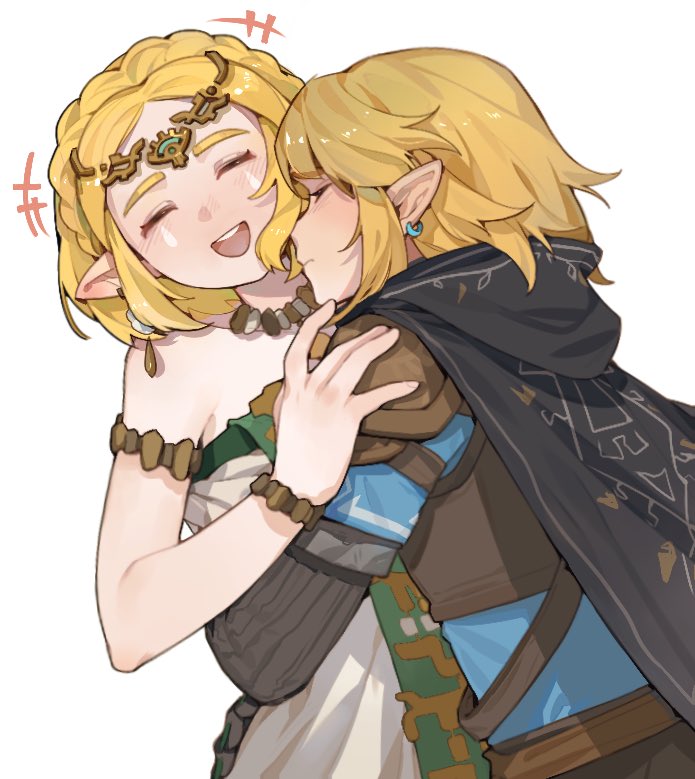 +++, 1boy, 1girl, armor, black_cape, blonde_hair, blush, cape, closed_eyes, dress, earrings, hetero, hood, hooded_cape, hug, jewelry, leotard, link, necklace, nintendo, open_mouth, pointy_ears, princess_zelda, salted_whale, simple_background, strapless, strapless_leotard, the_legend_of_zelda, the_legend_of_zelda:_tears_of_the_kingdom, tunic, upper_body, white_background, white_dress