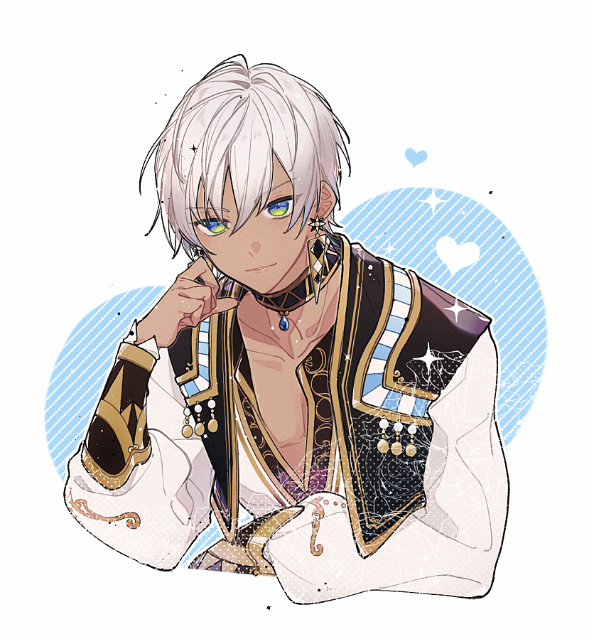 1boy, black_choker, black_vest, blue_eyes, choker, closed_mouth, collarbone, dark-skinned_male