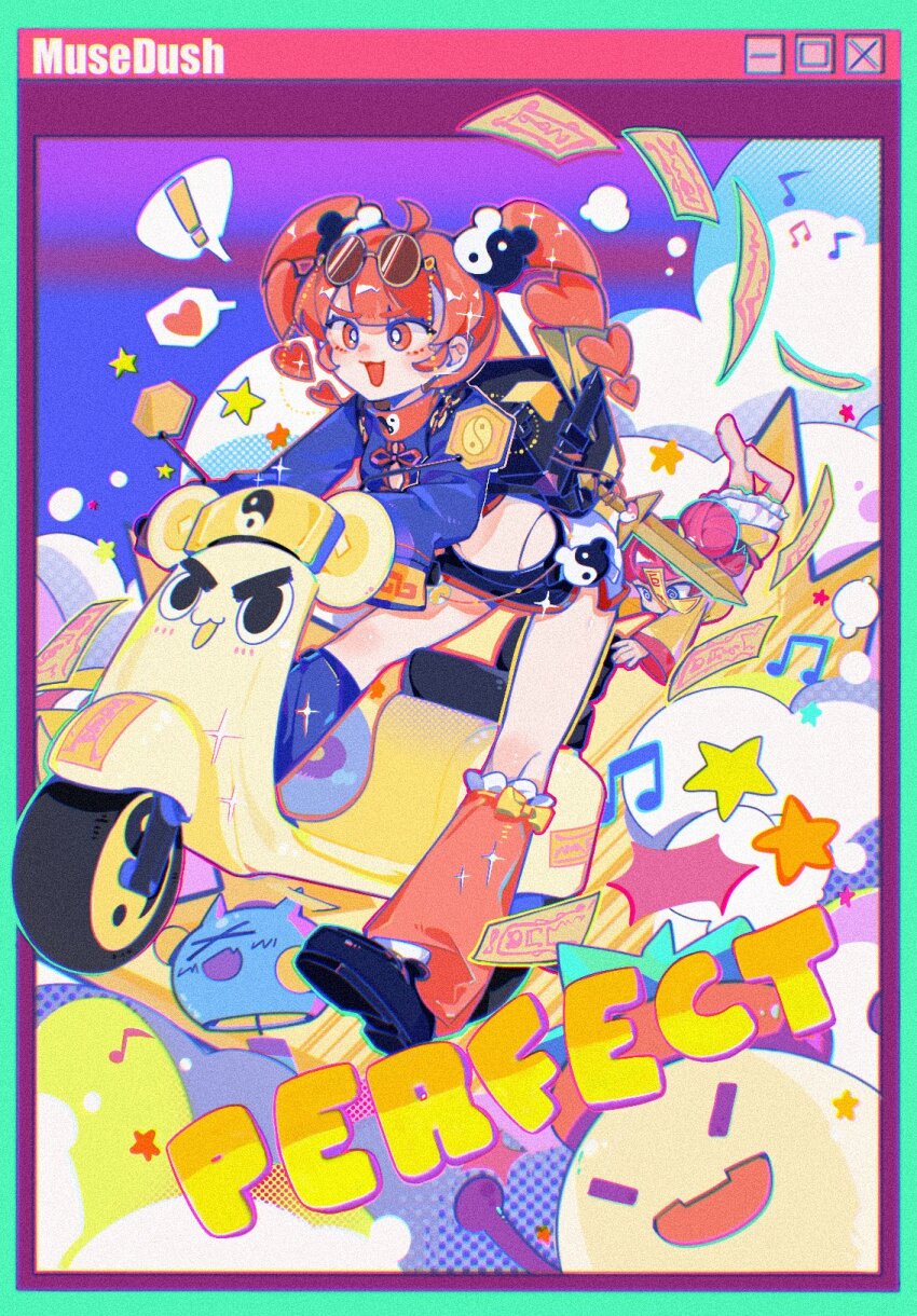 !, 2girls, @_@, black_footwear, black_skirt, buro_(exorcist_master)_(muse_dash), buro_(muse_dash), buro_(zombie_girl)_(muse_dash), chinese_clothes, eyewear_on_head, heart, highres, leg_warmers, microskirt, motor_vehicle, multiple_girls, muse_dash, musical_note, open_mouth, red_eyes, red_hair, round_eyewear, salted_whale, scooter, shoes, skirt, sparkle, spoken_exclamation_mark, spoken_heart, star_(symbol), twintails, yin_yang, yin_yang_hair_ornament