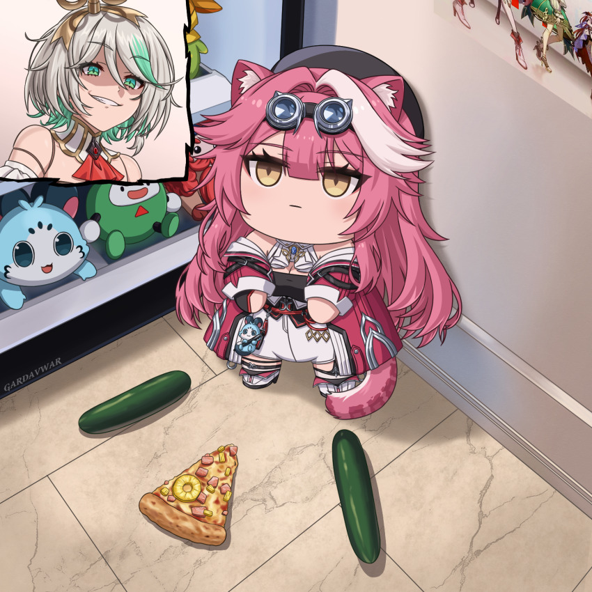 2girls, :|, animal_ears, artist_glove, artist_name, beret, black_hat, black_tube_top