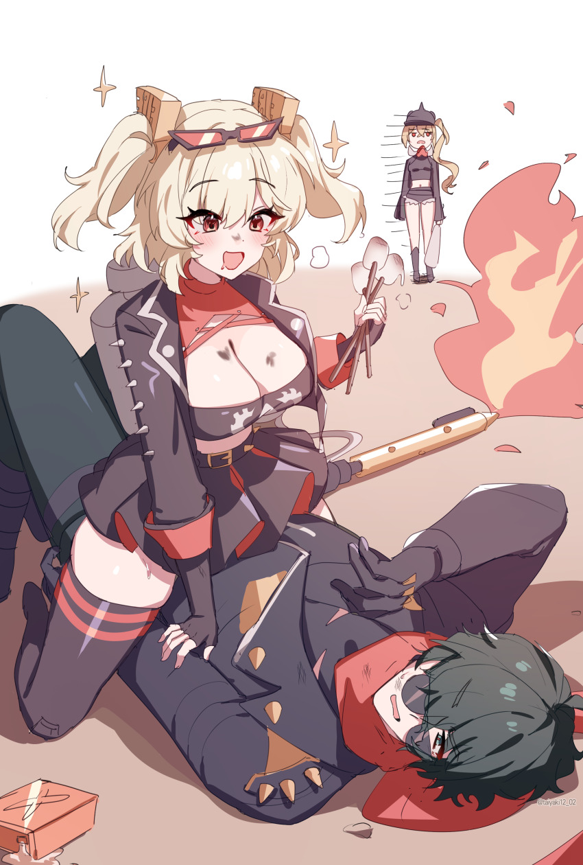 1boy, 2girls, absurdres, black_gloves, black_hair, black_jacket, black_shorts, black_thighhighs