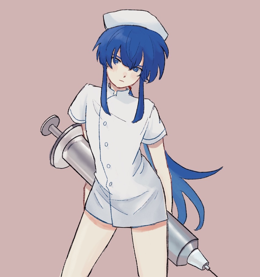 1boy, alternate_costume, arched_back, blue_eyes, blue_hair, blush, brown_background, buttons, cho_yoy, closed_mouth, contemporary, cowboy_shot, crossdressing, crossdressing_(mtf), dress, fire_emblem, fire_emblem:_genealogy_of_the_holy_war, frown, hair_between_eyes, hat, high_collar, highres, holding, holding_syringe, large_syringe, long_hair, looking_at_viewer, low_ponytail, male_focus, nintendo, nurse, nurse_cap, oversized_object, ponytail, seliph_(fire_emblem), short_dress, short_sleeves, sidelocks, solo, syringe, trap, very_long_hair, white_dress