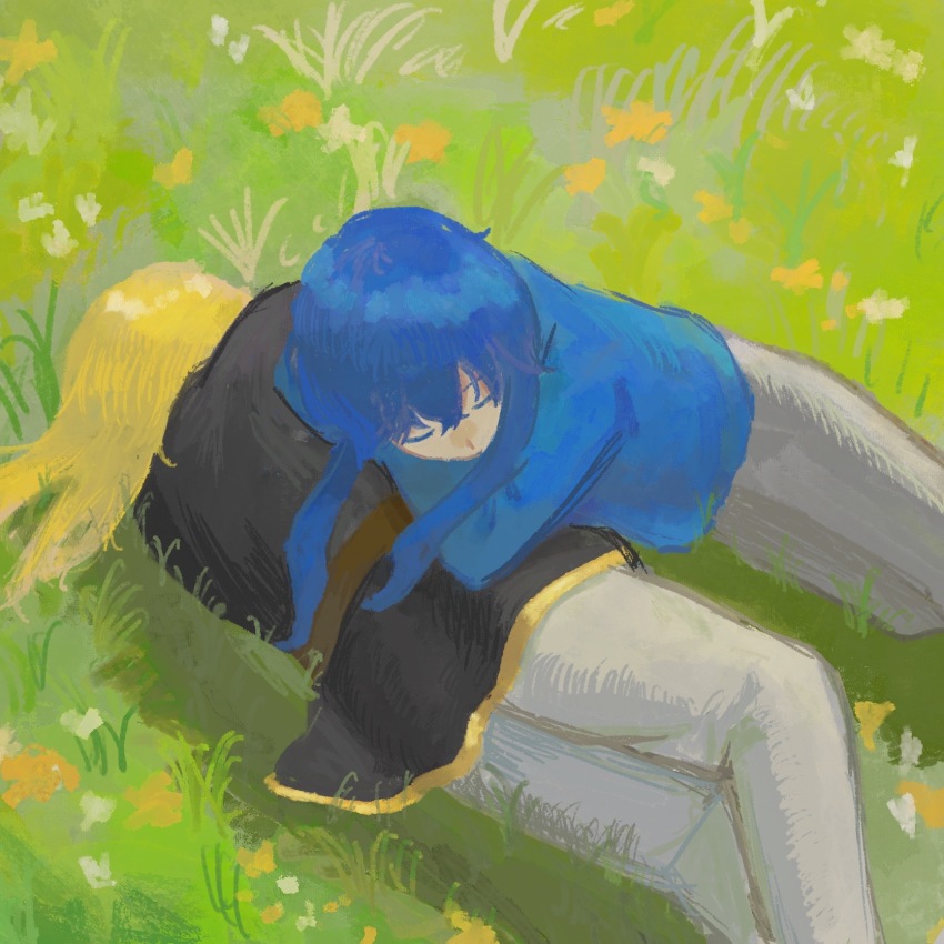 2boys, ares_(fire_emblem), belt, black_tunic, blonde_hair, blue_hair, blue_tunic, brown_belt