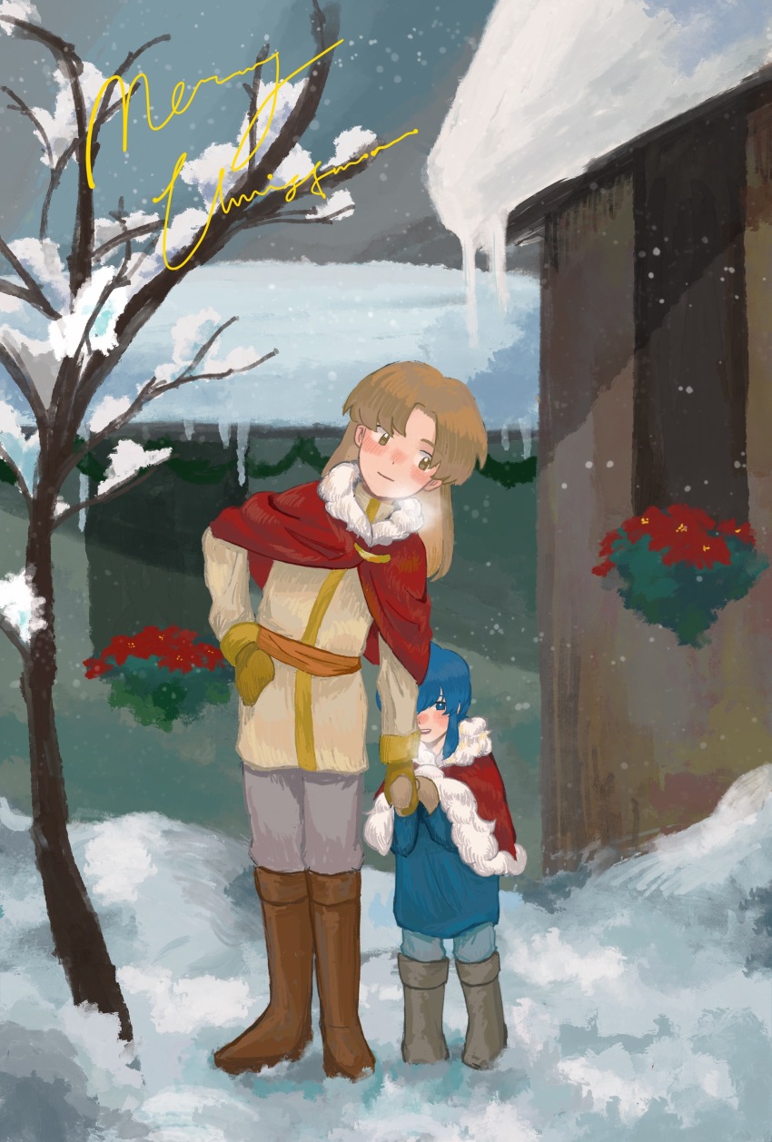 2boys, absurdres, aged_down, bare_tree, belt, blue_eyes, blue_hair, blue_pants