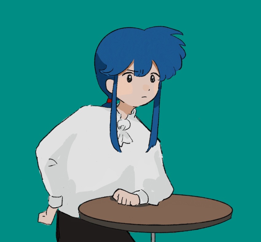 1boy, arm_support, ascot, black_pants, blue_hair, cho_yoy, clenched_hands, closed_mouth