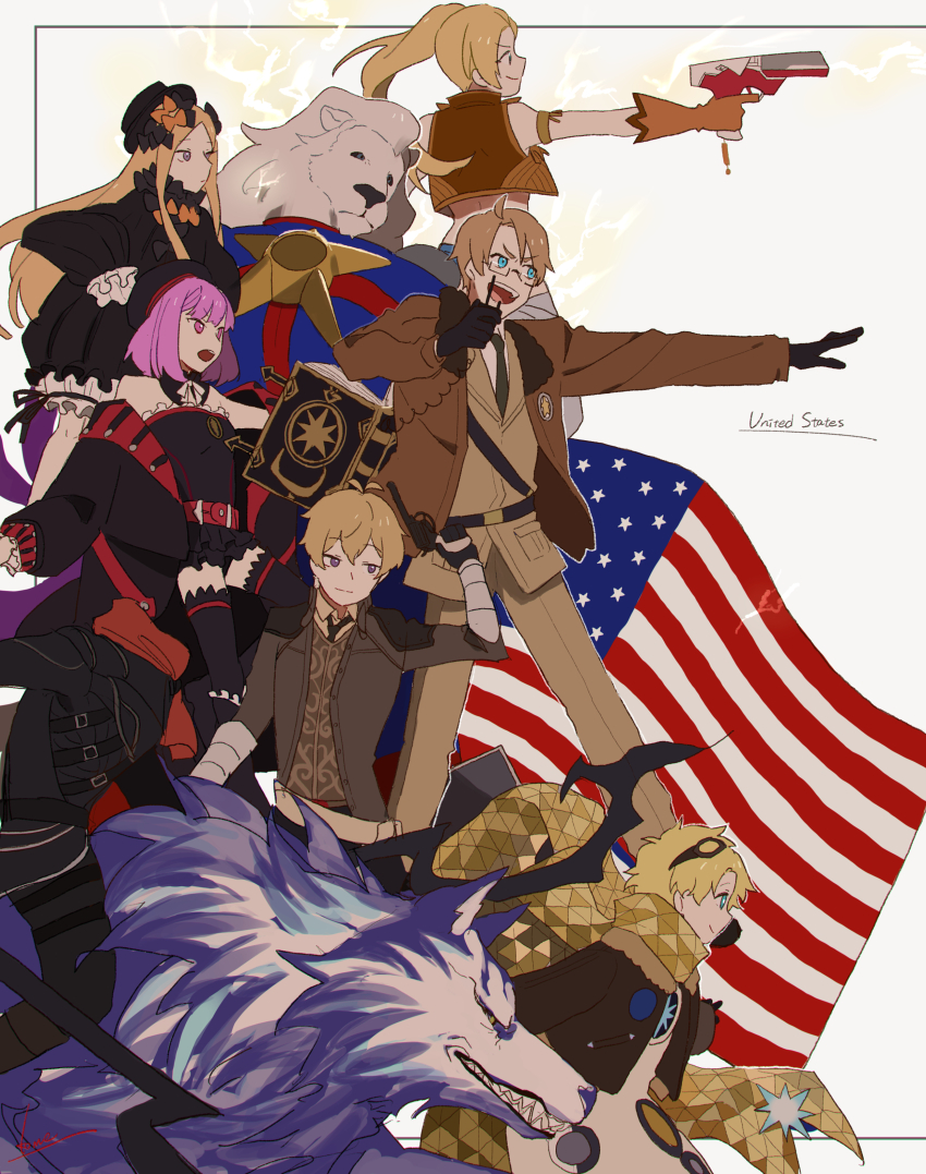 3girls, 5boys, abigail_williams_(fate), abigail_williams_(first_ascension)_(fate), absurdres, ahoge, america_(hetalia), american_flag, animal, axis_powers_hetalia, billy_the_kid_(fate), black_bow, blonde_hair, blue_eyes, bomber_jacket, bow, calamity_jane_(fate), coat, country_connection, crossover, dress, fate/grand_order, fate_(series), furry, furry_male, glasses, gloves, goggles, goggles_on_head, gun, hair_bow, hat, headless, helena_blavatsky_(fate), helena_blavatsky_(third_ascension)_(fate), hessian_(fate), highres, holding, holding_gun, holding_weapon, jacket, kome_043, lion_boy, lion_hair, lobo_(fate), long_hair, long_sleeves, multiple_boys, multiple_girls, necktie, open_mouth, orange_bow, oversized_animal, pants, purple_eyes, purple_hair, scarf, short_hair, side_ponytail, smile, thomas_edison_(fate), voyager_(third_ascension)_(fate), weapon, white_hair, wolf, yellow_eyes, yellow_scarf