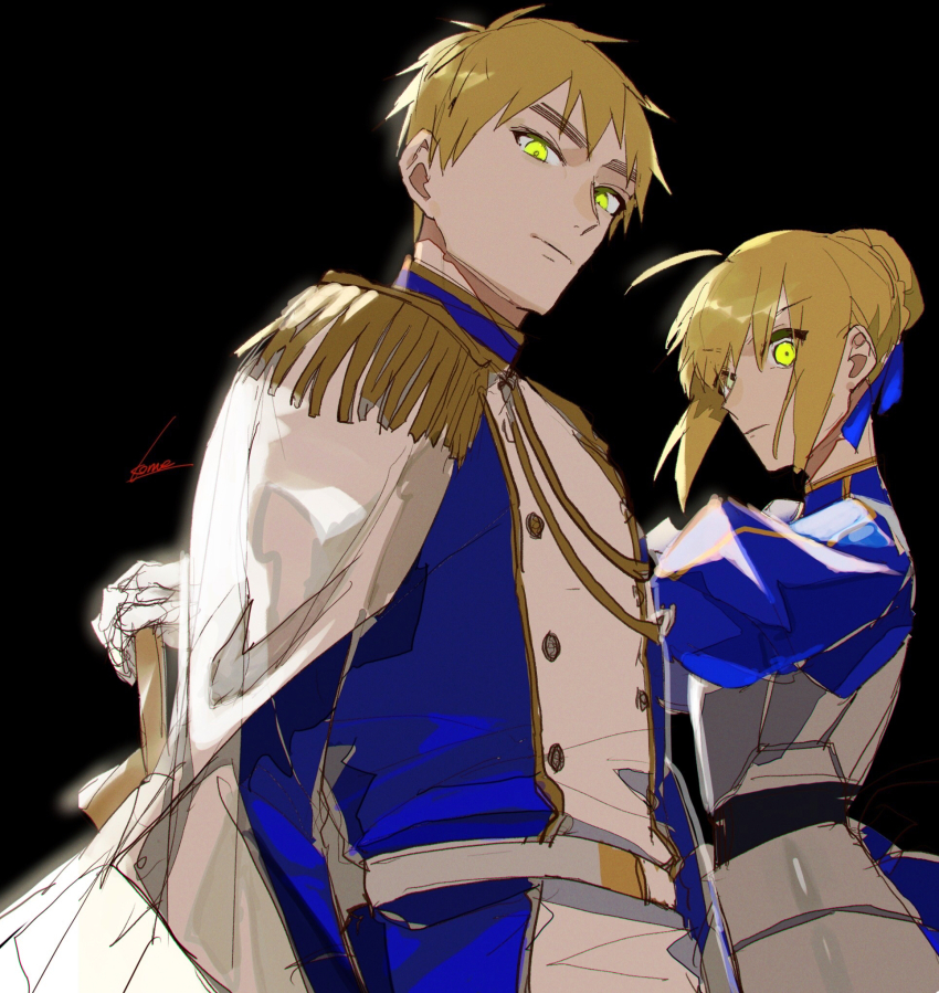 1boy, 1girl, ahoge, aiguillette, armor, armored_dress, artoria_pendragon_(fate), axis_powers_hetalia