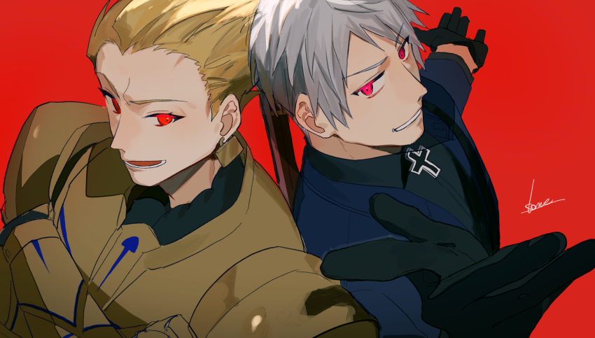 2boys, armor, axis_powers_hetalia, black_gloves, blonde_hair, blue_jacket, cross, cross_necklace