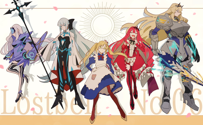 5girls, 6+girls, absurdres, apron, armor, axis_powers_hetalia, baobhan_sith_(fate), baobhan_sith_(first_ascension)_(fate), barghest_(fate), barghest_(first_ascension)_(fate), blonde_hair, blue_eyes, boots, bow, breastplate, breasts, country_connection, crossover, detached_sleeves, dress, fate/grand_order, fate_(series), faulds, frills, full_body, genderswap, genderswap_(mtf), glasses, green_eyes, grey_eyes, grey_hair, hair_bow, highres, holding, holding_staff, holding_sword, holding_weapon, horns, kome_043, long_hair, long_sleeves, looking_at_viewer, mask, melusine_(fate), melusine_(first_ascension)_(fate), morgan_le_fay_(fate), morgan_le_fay_(first_ascension)_(fate), multiple_girls, open_mouth, pantyhose, pauldrons, pink_hair, ponytail, red_dress, shoulder_armor, sidelocks, smile, staff, standing, standing_on_one_leg, sword, tall_female, tiara, twintails, united_kingdom_(female)_(hetalia), united_kingdom_(hetalia), very_long_hair, weapon, white_apron