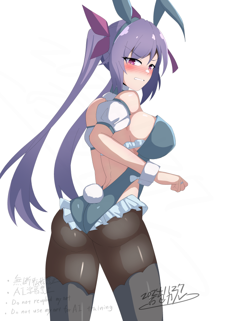 1girl, adversarial_noise, aizawa_kazuha, aizawa_kazuha_(cosplay), animal_ears, arm_at_side, ass, assault_lily