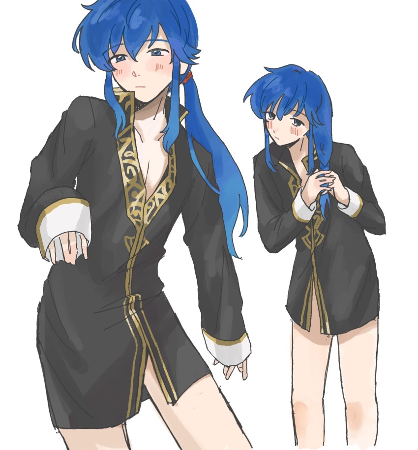 1boy, ares_(fire_emblem), ares_(fire_emblem)_(cosplay), bare_legs, black_shirt, blue_eyes, blue_hair, blush