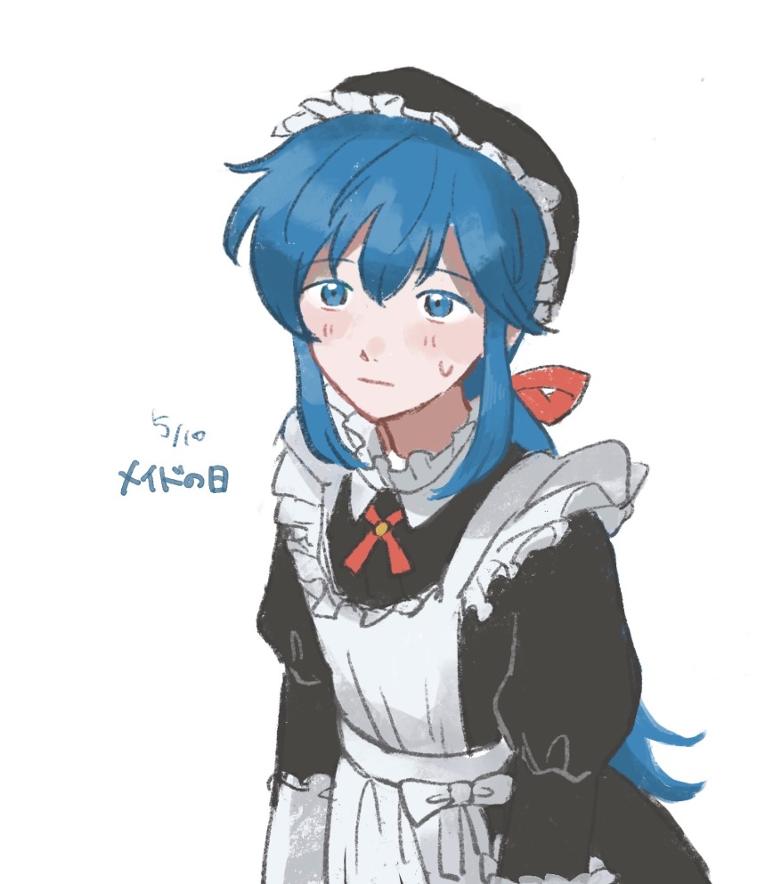1boy, :|, alternate_costume, apron, black_dress, black_hat, blue_eyes, blue_hair