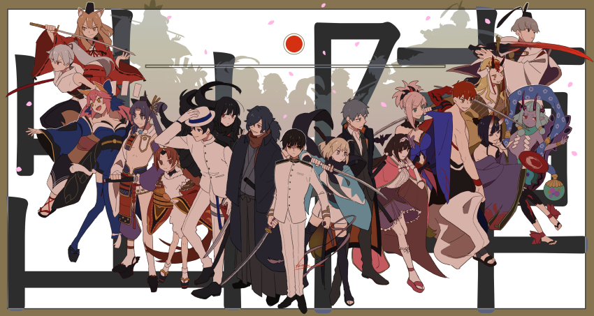 6+boys, 6+girls, absurdres, ahoge, animal_ear_fluff, animal_ears, apron, aqua_hair, armor, axis_powers_hetalia, beni-enma, beni-enma_(first_ascension), black_hair, blonde_hair, bow, breast_curtains, brown_eyes, brown_hair, cloak, country_connection, crossover, dark-skinned_female, dark_skin, detached_sleeves, emiya_shirou, facial_mark, fate/grand_order, fate_(series), feathers, fox_ears, fox_girl, gloves, grey_hair, hair_bow, hair_ornament, hair_over_one_eye, hair_ribbon, hairband, hat, highres, holding, holding_sword, holding_weapon, horns, ibaraki_douji_(fate), ibuki_douji_(fate), ibuki_douji_(first_ascension)_(fate), jacket, japan_(hetalia), japanese_armor, japanese_clothes, katana, kimono, kome_043, long_hair, long_sleeves, miyamoto_musashi_(fate), multiple_boys, multiple_girls, okada_izou_(fate), okita_souji_(fate), okita_souji_(koha-ace), okita_souji_(third_ascension)_(fate), oni, open_mouth, oryou_(fate), osakabehime_(fate), pants, pink_hair, pointy_ears, ponytail, purple_eyes, purple_hair, red_eyes, red_hair, revealing_clothes, ribbon, saitou_hajime_(fate), saitou_hajime_(first_ascension)_(fate), sakamoto_ryouma_(fate), scarf, senji_muramasa_(fate), shirt, short_hair, shuten_douji_(fate), side_ponytail, skin-covered_horns, skirt, smile, suzuka_gozen_(fate), suzuka_gozen_(second_ascension)_(fate), sword, tamamo_no_mae_(fate), thighhighs, tomoe_gozen_(fate), tomoe_gozen_(first_ascension)_(fate), ushiwakamaru_(fate), ushiwakamaru_(second_ascension)_(fate), watanabe_no_tsuna_(fate), weapon, wide_sleeves, yellow_eyes