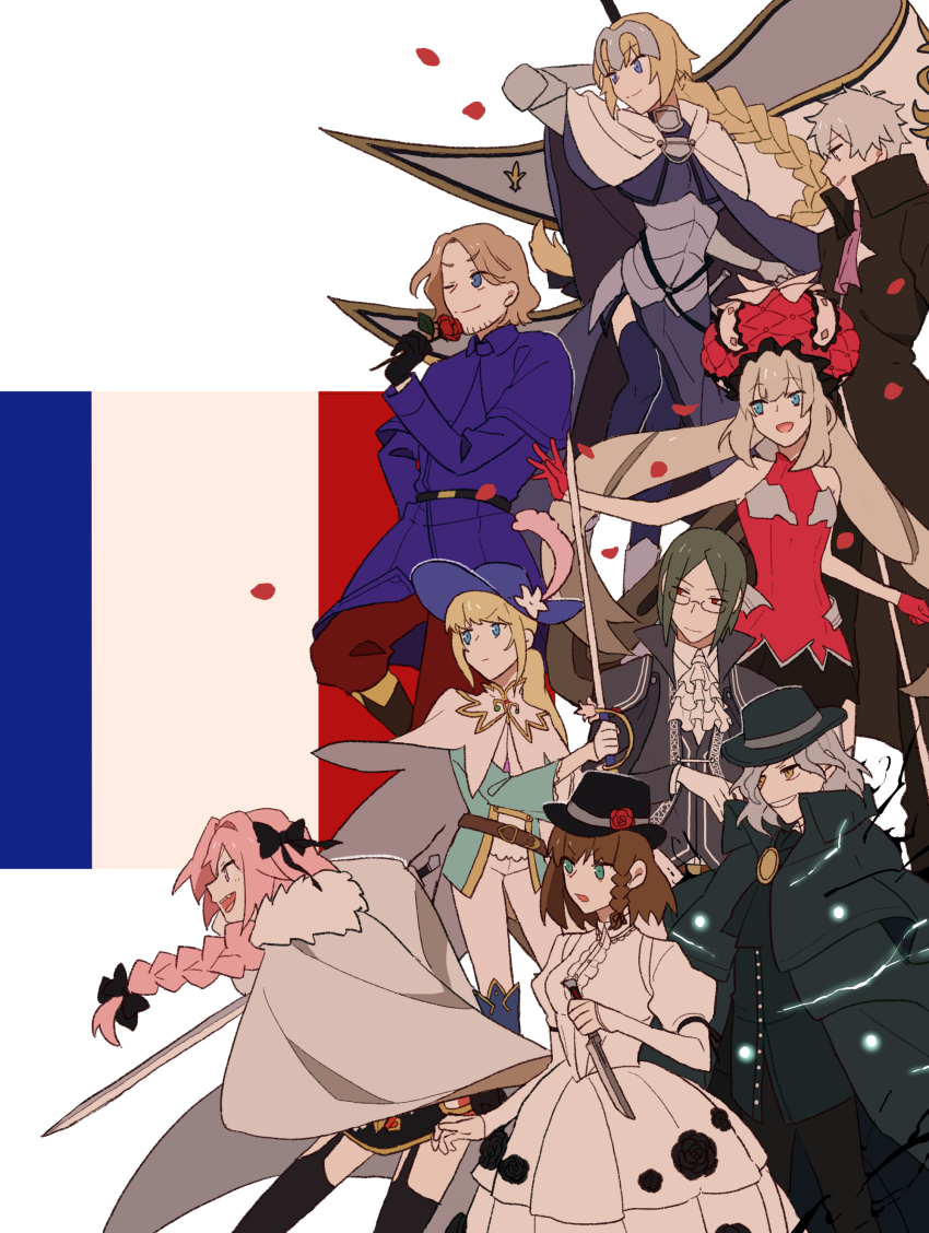 1other, 3girls, 5boys, absurdres, androgynous, armor, ascot, astolfo_(fate)