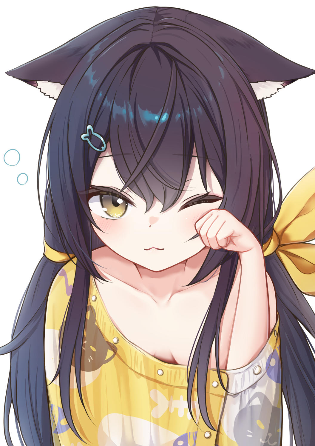 1girl, :3, animal_ear_fluff, animal_ears, animal_print, black_hair, breasts, cat_ears
