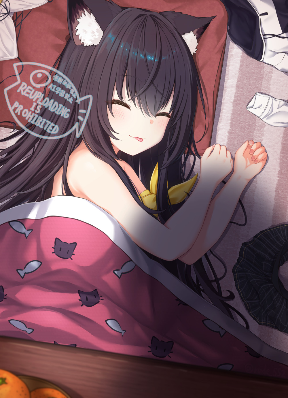 1girl, :p, ^_^, animal_ears, armband, black_hair, cat_ears, cat_girl