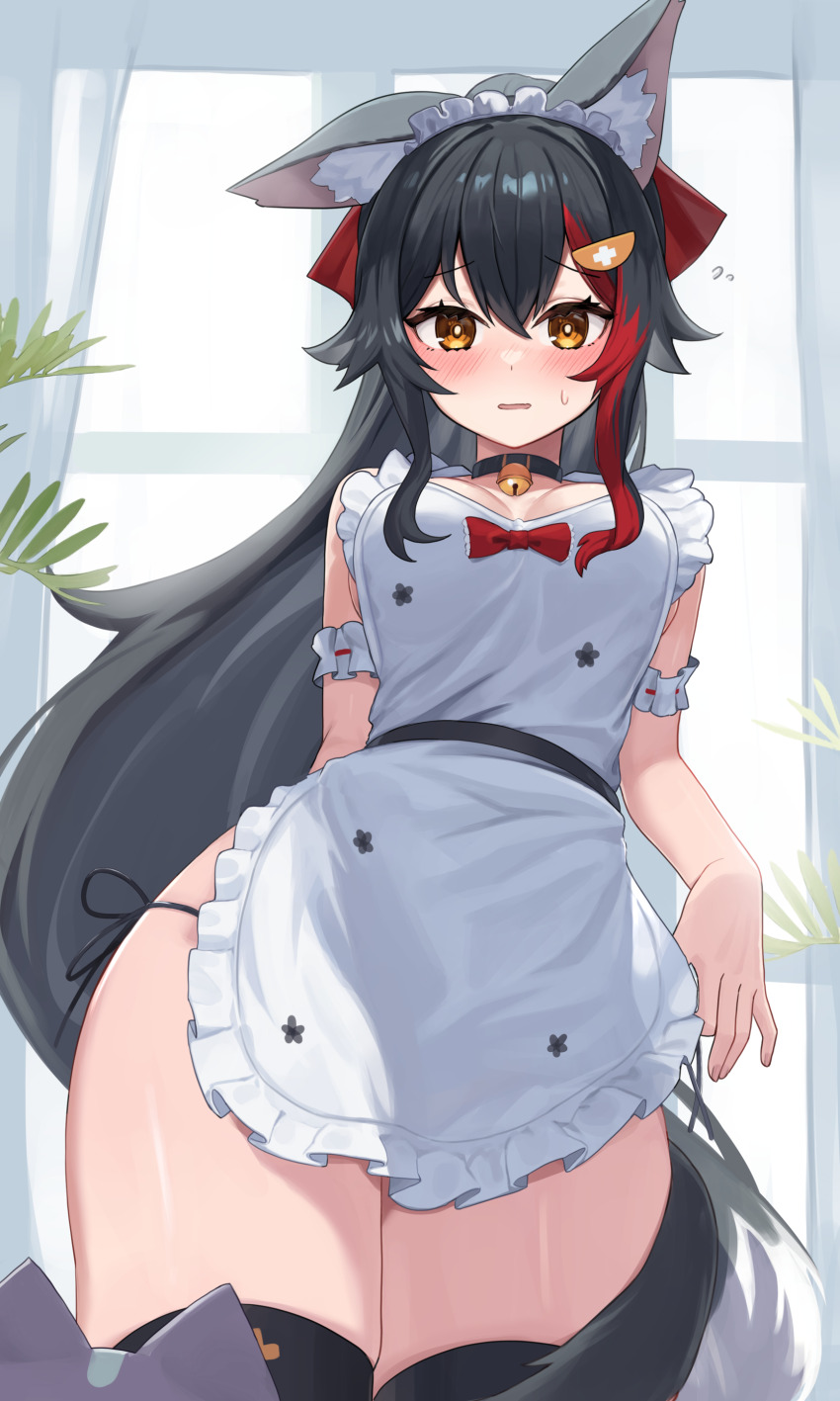 1girl, absurdres, animal_collar, animal_ear_fluff, animal_ears, apron, arm_behind_back, arm_garter