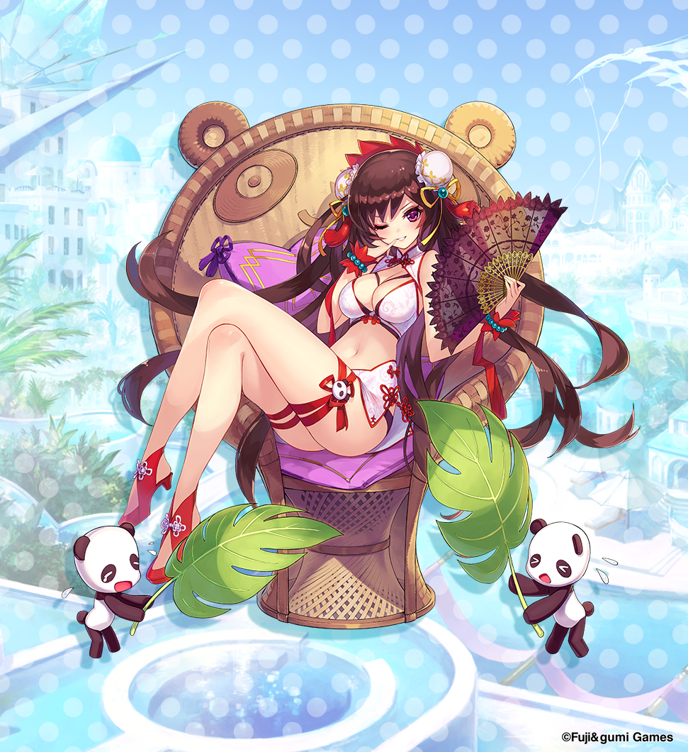 1girl, bashosen, breasts, brown_hair, chair, cleavage, commentary, copyright_notice