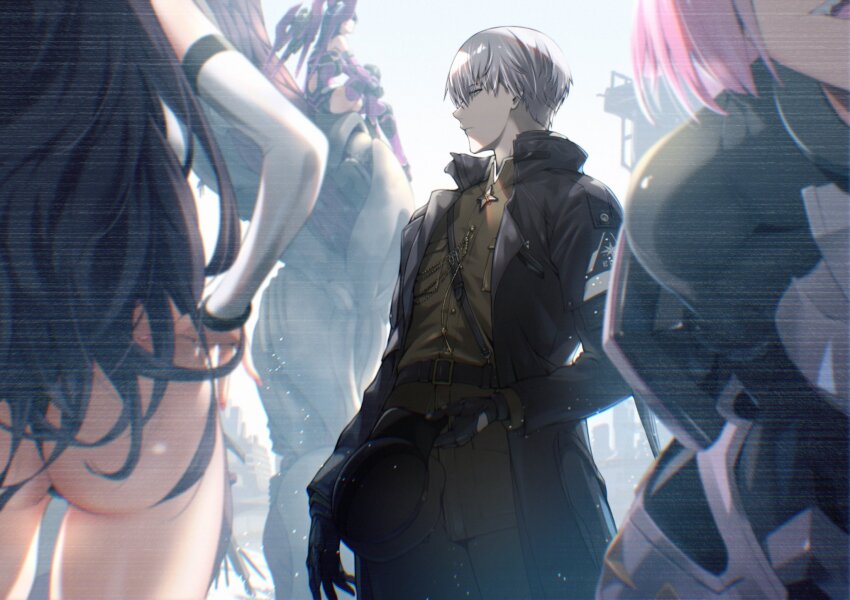 1boy, 3girls, armor, ass, bent_over, black_gloves, black_hair, black_jacket, fune_(fune83ojj), gloves, goddess_of_victory:_nikke, green_shirt, grey_hair, harran_(nikke), hashtag-only_commentary, highres, isabel_(nikke), jacket, johan_(nikke), long_hair, mechanical_wings, medium_hair, military_uniform, multiple_girls, noah_(nikke), pants, pink_hair, shirt, short_hair, smile, solo_focus, standing, wings