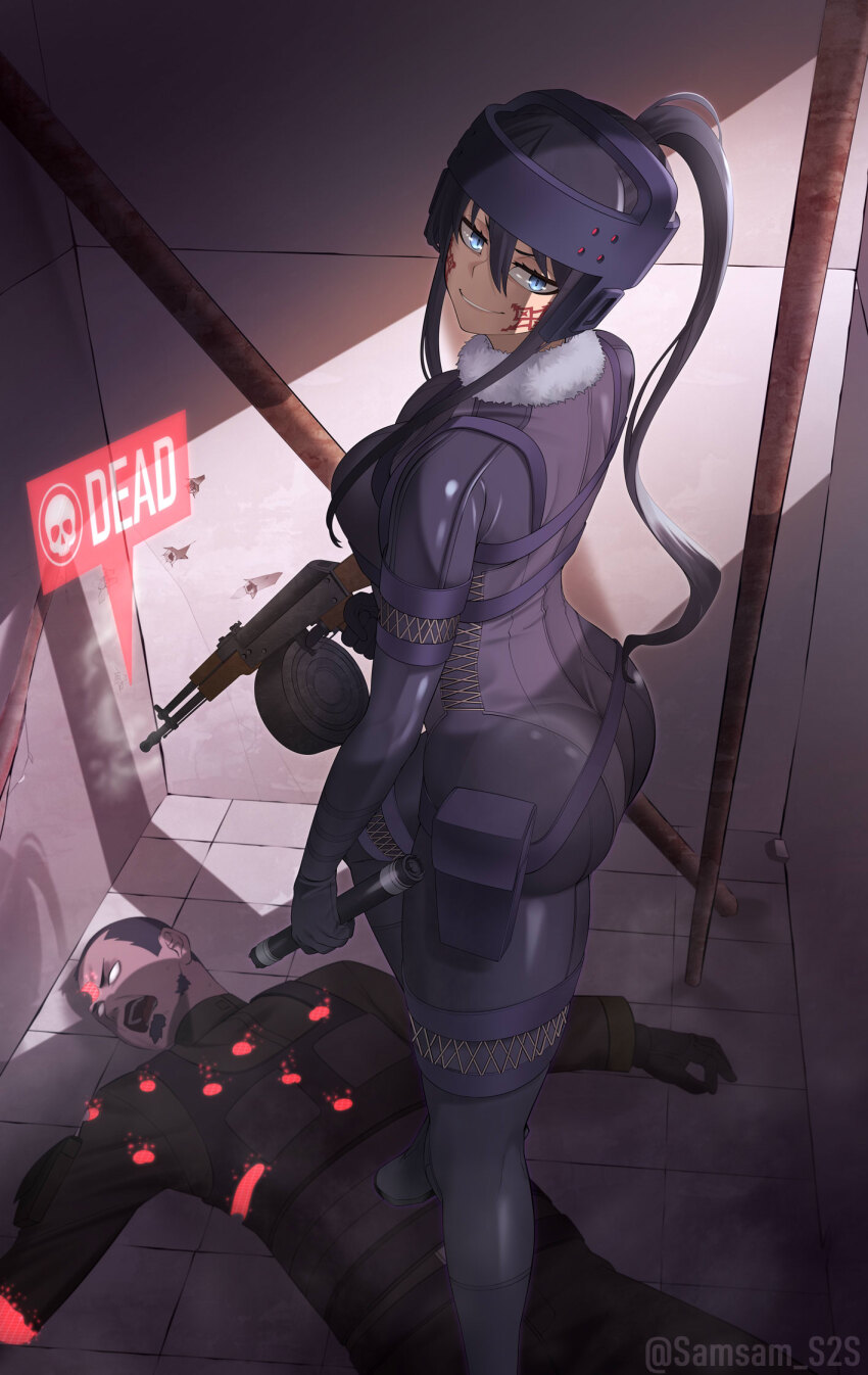 1boy, 1girl, ass, assault_rifle, black_hair, blue_eyes, bodysuit, breasts