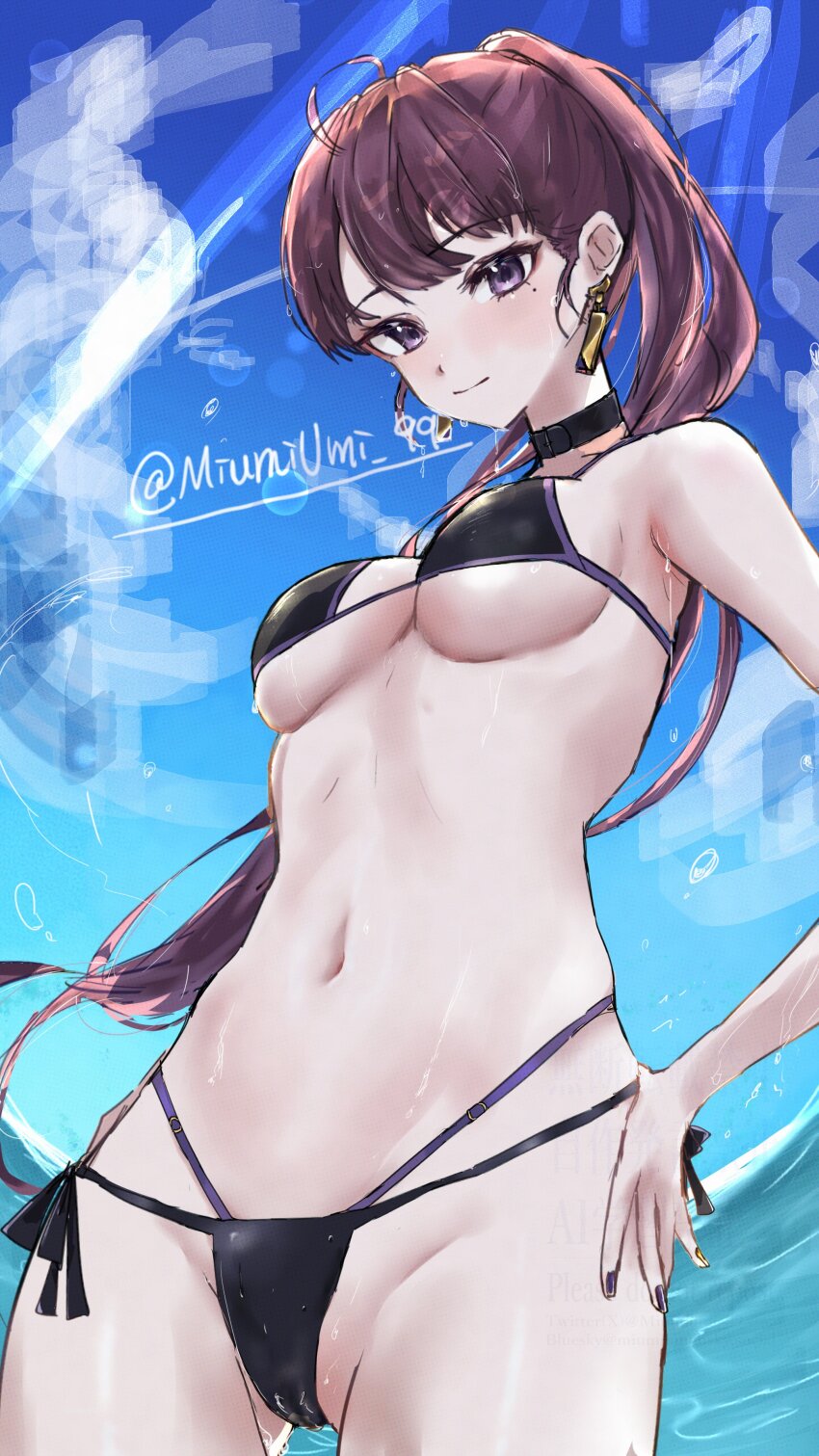 1girl, absurdres, ahoge, alternate_costume, bikini, breasts, choker, cleavage