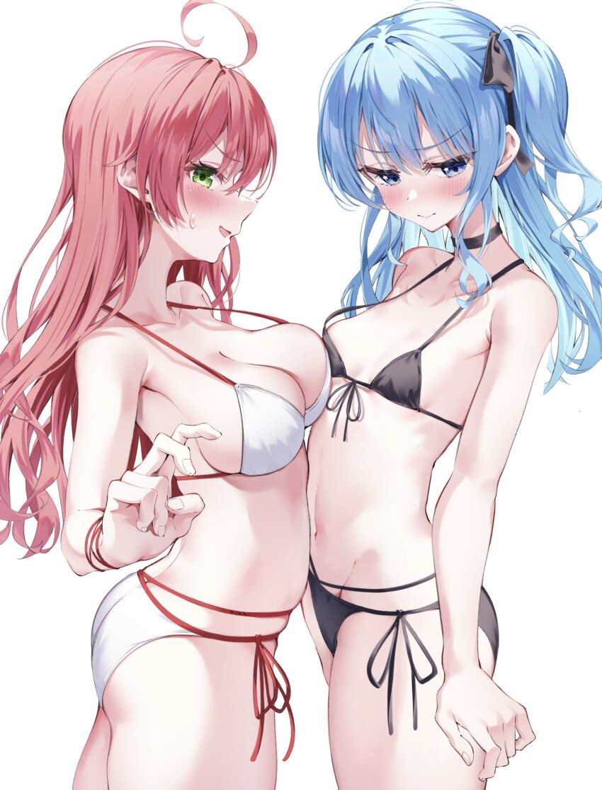 2girls, ahoge, alternate_breast_size, ass, bikini, black_bikini, black_choker, black_ribbon