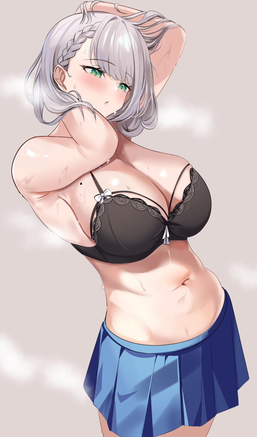 1girl, black_bra, blue_skirt, blush, bra, braid, breasts, green_eyes, grey_hair, hand_in_own_hair, highres, hololive, kinkikids753, large_breasts, midriff, mole, mole_on_breast, navel, shirogane_noel, skirt, solo, steaming_body, stomach, sweat, underwear, virtual_youtuber