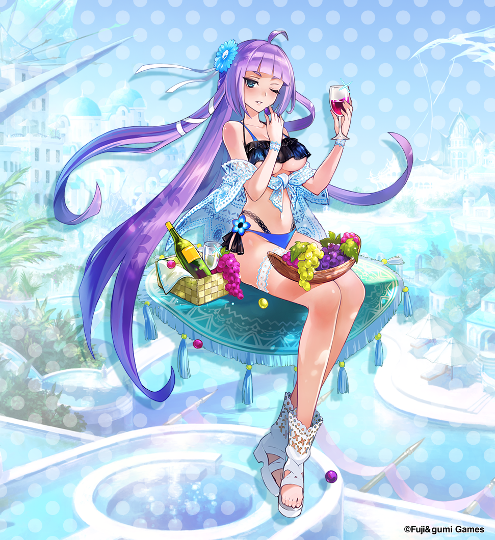 1girl, ahoge, bikini, blue_bikini, blue_eyes, bottle, breasts, commentary