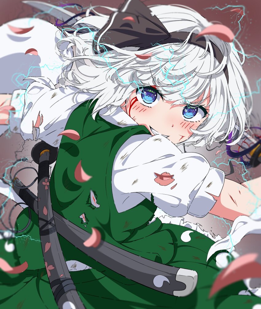 1girl, black_hairband, bleeding, blood, blood_on_face, blue_eyes, blush, commentary_request