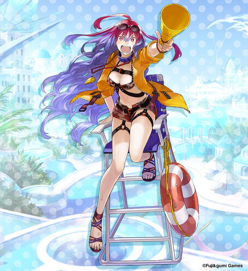 1girl, ahoge, arm_support, belt, bikini, breasts, camouflage, camouflage_bikini, cleavage, commentary, copyright_notice, eyewear_on_head, full_body, gradient_hair, hair_between_eyes, holding, holding_megaphone, innertube, jacket, long_hair, looking_at_viewer, megaphone, multicolored_hair, official_alternate_costume, official_art, open_mouth, outstretched_arm, phantom_of_the_kill, pinaka, purple_hair, red_eyes, red_hair, sandals, second-party_source, shorts, solo, sunglasses, swim_ring, swimsuit, two-tone_innertube, very_long_hair, watarubou, yellow_jacket