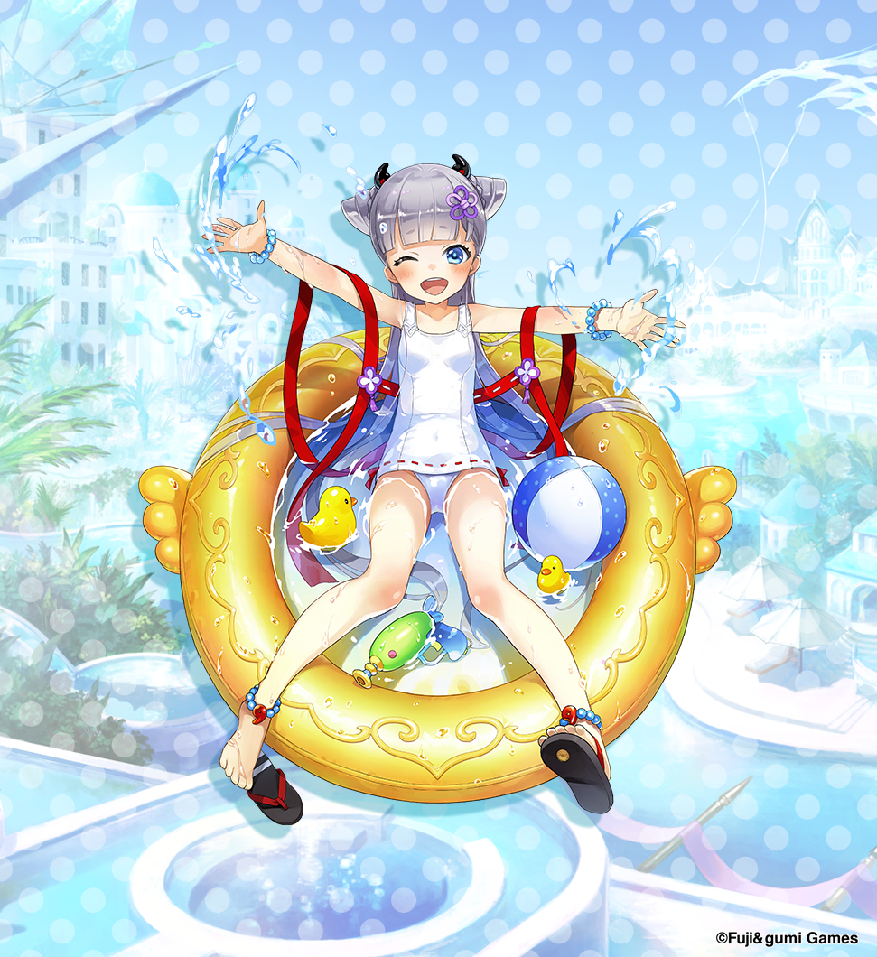 1girl, ;d, aqua_eyes, black_sandals, bracelet, breasts, commentary, copyright_notice