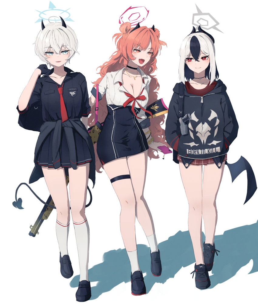 3girls, :d, absurdres, ahoge, animal_print, arm_behind_back, assault_rifle, asymmetrical_sleeves