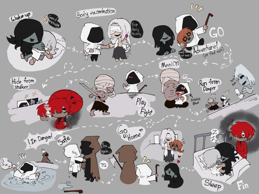 6+boys, axe, bandages, bandages_over_eyes, bed, black_hair, black_robe, braid