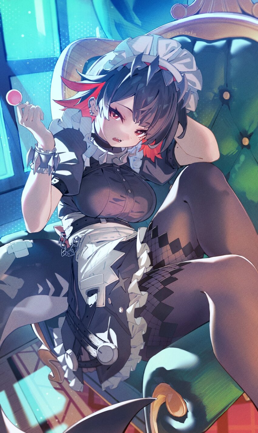 1girl, apron, bibisuka, black_pantyhose, candy, chair, ellen_joe, fins