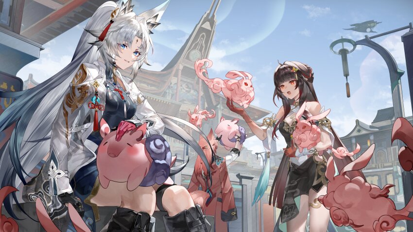 1boy, 2girls, absurdres, animal_ears, asymmetrical_gloves, bare_shoulders, black_footwear, black_hair