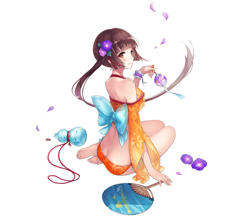 1girl, arm_support, azusa_yumi_(phantom_of_the_kill), bikini, blunt_bangs, brown_eyes, brown_hair, closed_mouth