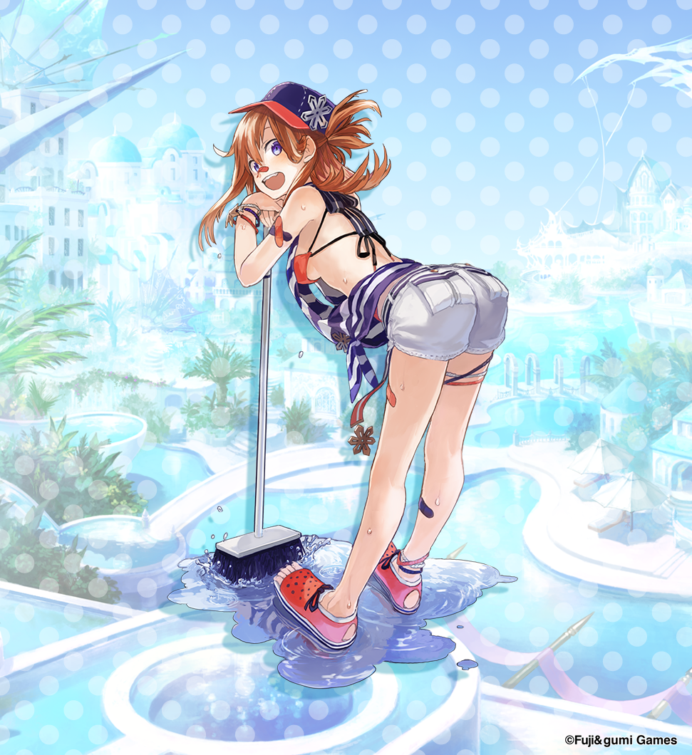 1girl, :d, bandaid, bandaid_on_leg, bent_over, bikini, blue_eyes, breasts, brown_hair, cleaning_brush, commentary, copyright_notice, full_body, grey_shorts, gridarvol, looking_at_viewer, official_alternate_costume, official_art, open_mouth, orange_bikini, phantom_of_the_kill, second-party_source, shorts, smile, solo, swimsuit, teeth, toeless_footwear, upper_teeth_only, watarubou, wet