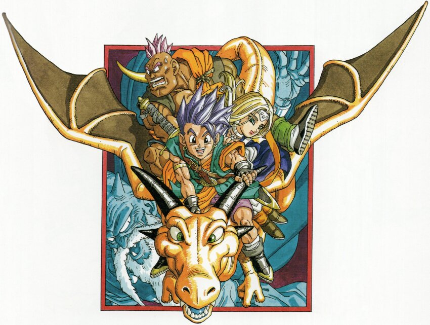 1girl, 3boys, armlet, artist_request, beard, belt, black_eyes, black_gloves, blonde_hair, blue_eyes, choker, circlet, dark-skinned_male, dark_skin, dragon, dragon_quest, dragon_quest_vi, earrings, facial_hair, fingerless_gloves, floating_clothes, gloves, gold_armlet, gold_earrings, green_eyes, hand_on_another's_shoulder, hassan_(dq6), hero_(dq6), highres, hoop_earrings, horns, jewelry, mireyu, mortamor, multiple_boys, muscular, muscular_male, necklace, official_art, open_mouth, parted_hair, pink_hair, pink_shorts, riding, scan, sharp_teeth, shorts, silver_choker, silver_circlet, single_bang, slit_pupils, smile, spiked_hair, sweatdrop, sword, sword_on_back, teeth, third-party_source, weapon, weapon_on_back