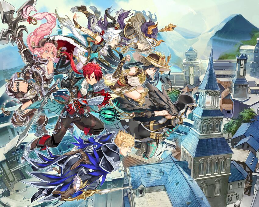 3boys, 4girls, adol_christin, animal_ears, aprilis_(ys), armor, bare_shoulders, black_eyes