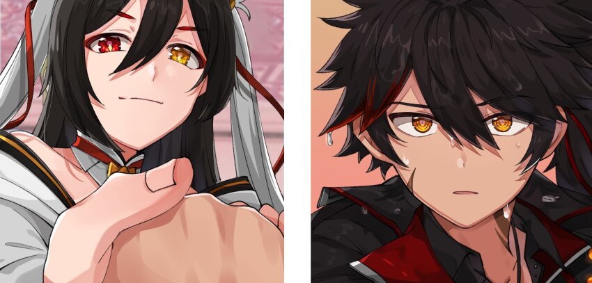 1boy, 1girl, ara_haan, bad_source, black_hair, elsword, gyoju_(only_arme_nim), hair_between_eyes